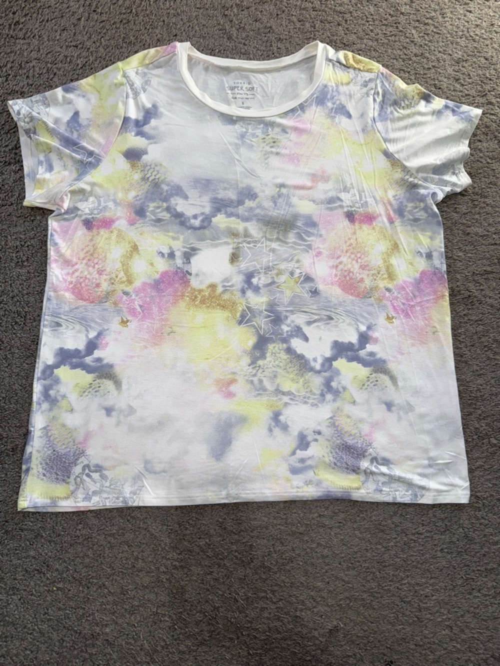 Torrid Super Soft Cloud Print Tee in Pastel Yellow, Pink & Gray